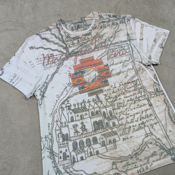 PNI Peru Size L Women Vintage Machu Picchu Map Graphic Embroidered Tee White — photo 2
